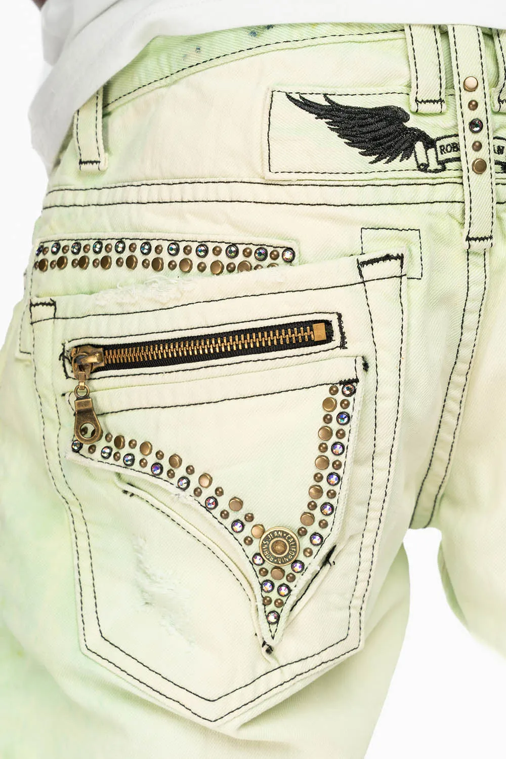 MINI FLAP MENS SLIM JEANS IN KEY LIME DESTROY BACKING WITH CRYSTALS sold by Robin's Jean product image thumbnail 2