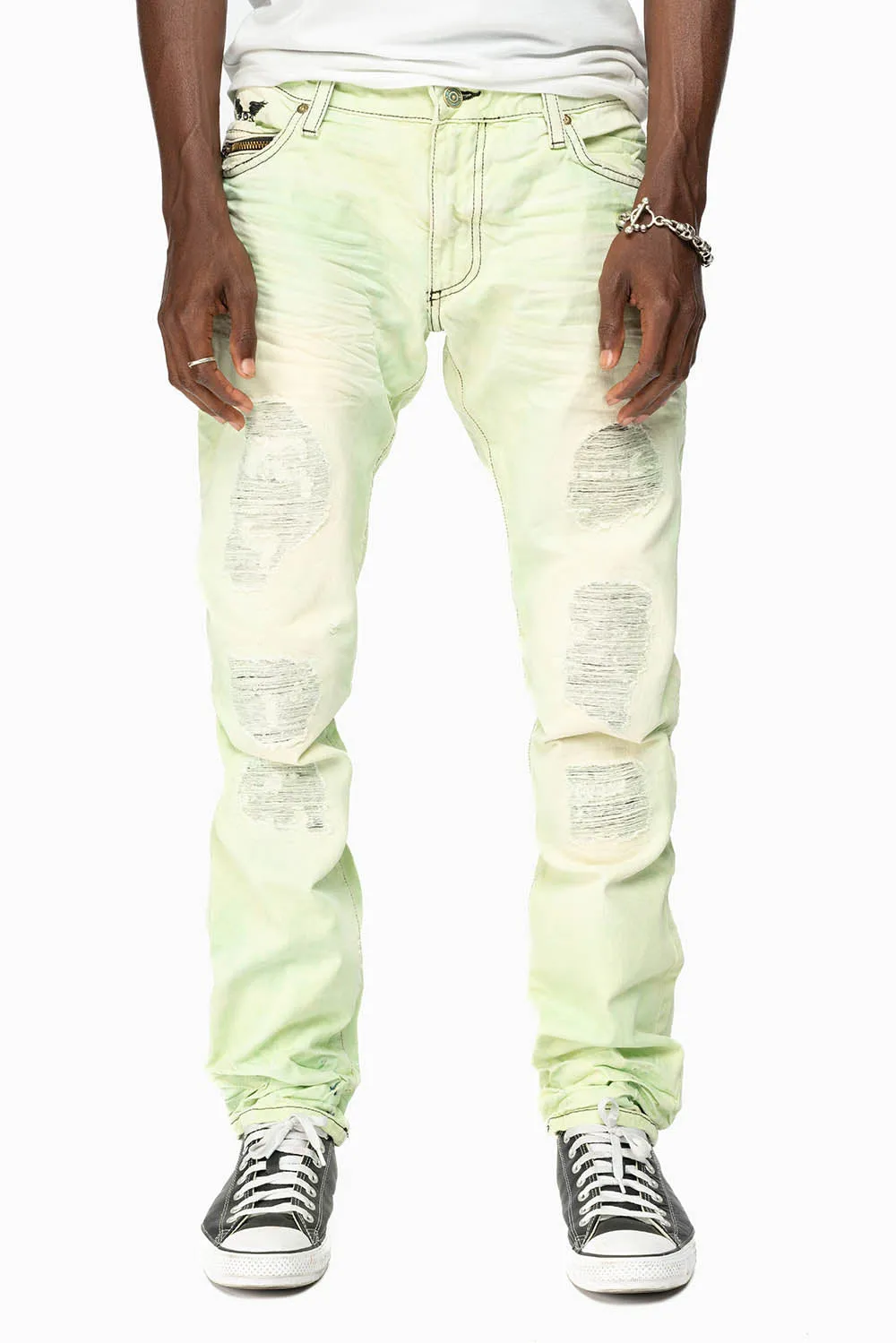 MINI FLAP MENS SLIM JEANS IN KEY LIME DESTROY BACKING WITH CRYSTALS sold by Robin's Jean