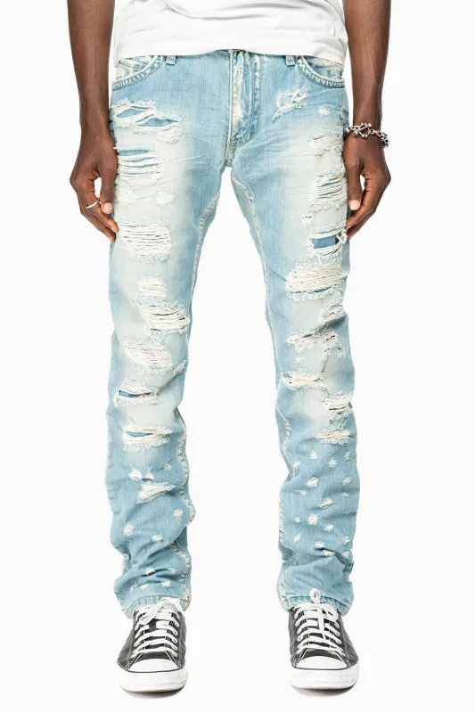 MENS LONG FLAP SLIM JEANS WITH FULL CRYSTALS AND SPIKES IN BROKEN RIPPED UNREPAIR BLUE DNM sold by Robin's Jean
