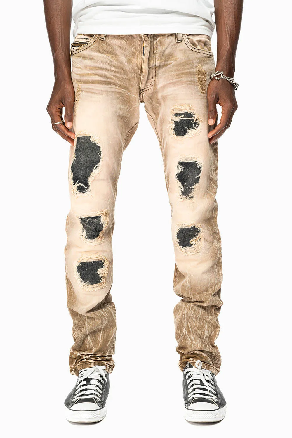 MINI FLAP MENS SLIM JEANS IN AMARETO DESTROY BACKING WITH CRYSTALS AND SPIKE sold by Robin's Jean