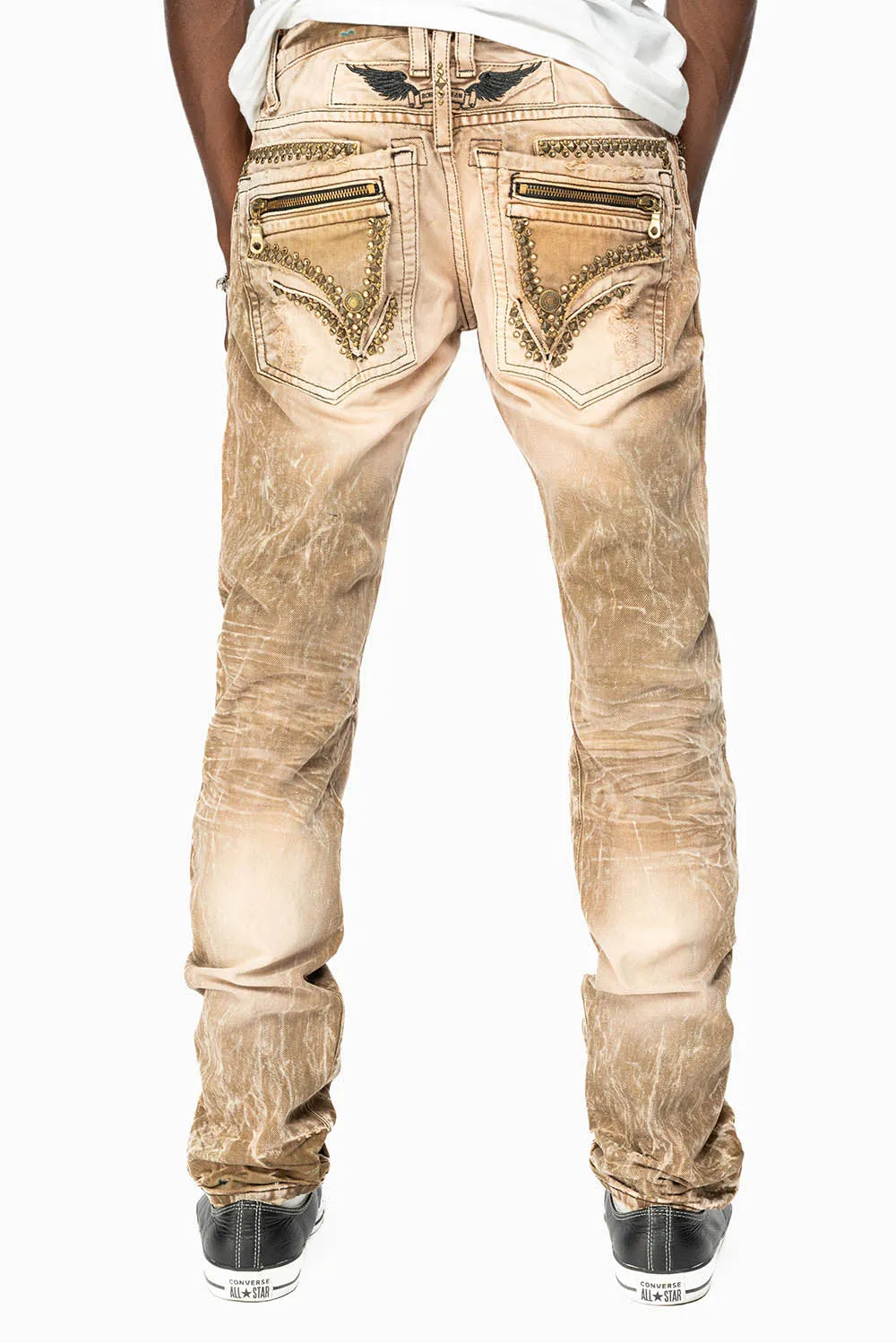 MINI FLAP MENS SLIM JEANS IN AMARETO DESTROY BACKING WITH CRYSTALS AND SPIKE sold by Robin's Jean product image thumbnail 4