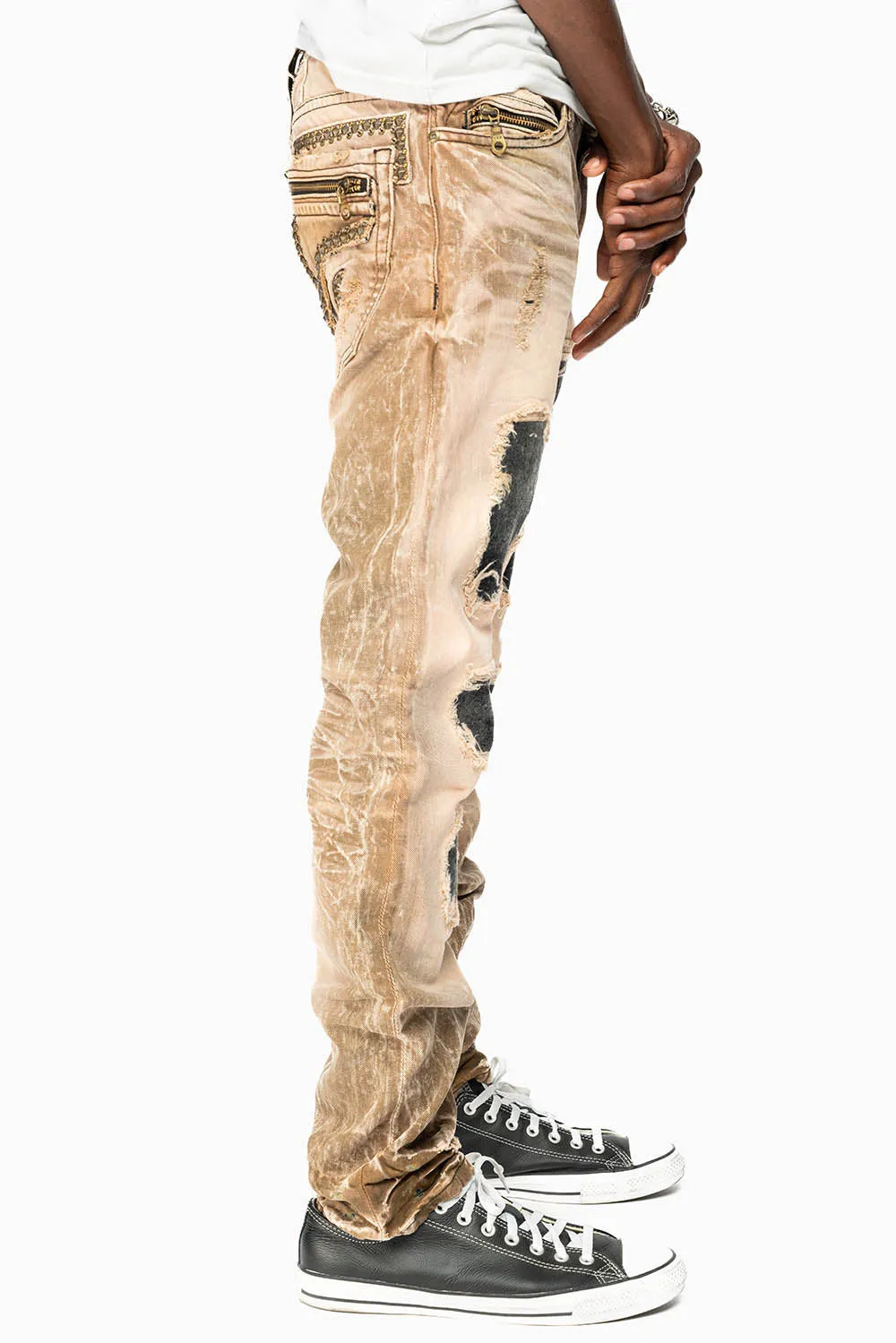 MINI FLAP MENS SLIM JEANS IN AMARETO DESTROY BACKING WITH CRYSTALS AND SPIKE sold by Robin's Jean product image thumbnail 3