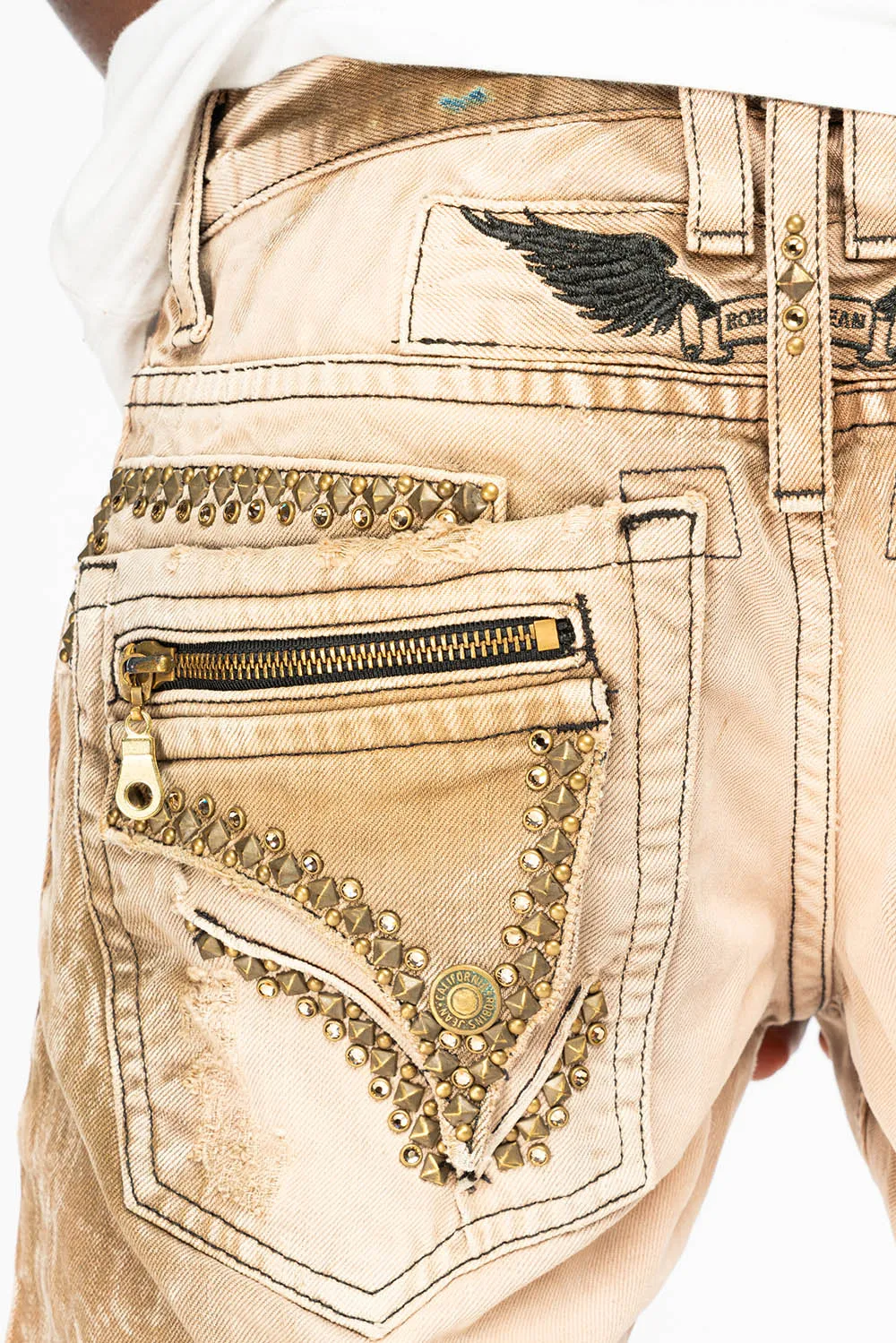 MINI FLAP MENS SLIM JEANS IN AMARETO DESTROY BACKING WITH CRYSTALS AND SPIKE sold by Robin's Jean product image thumbnail 2