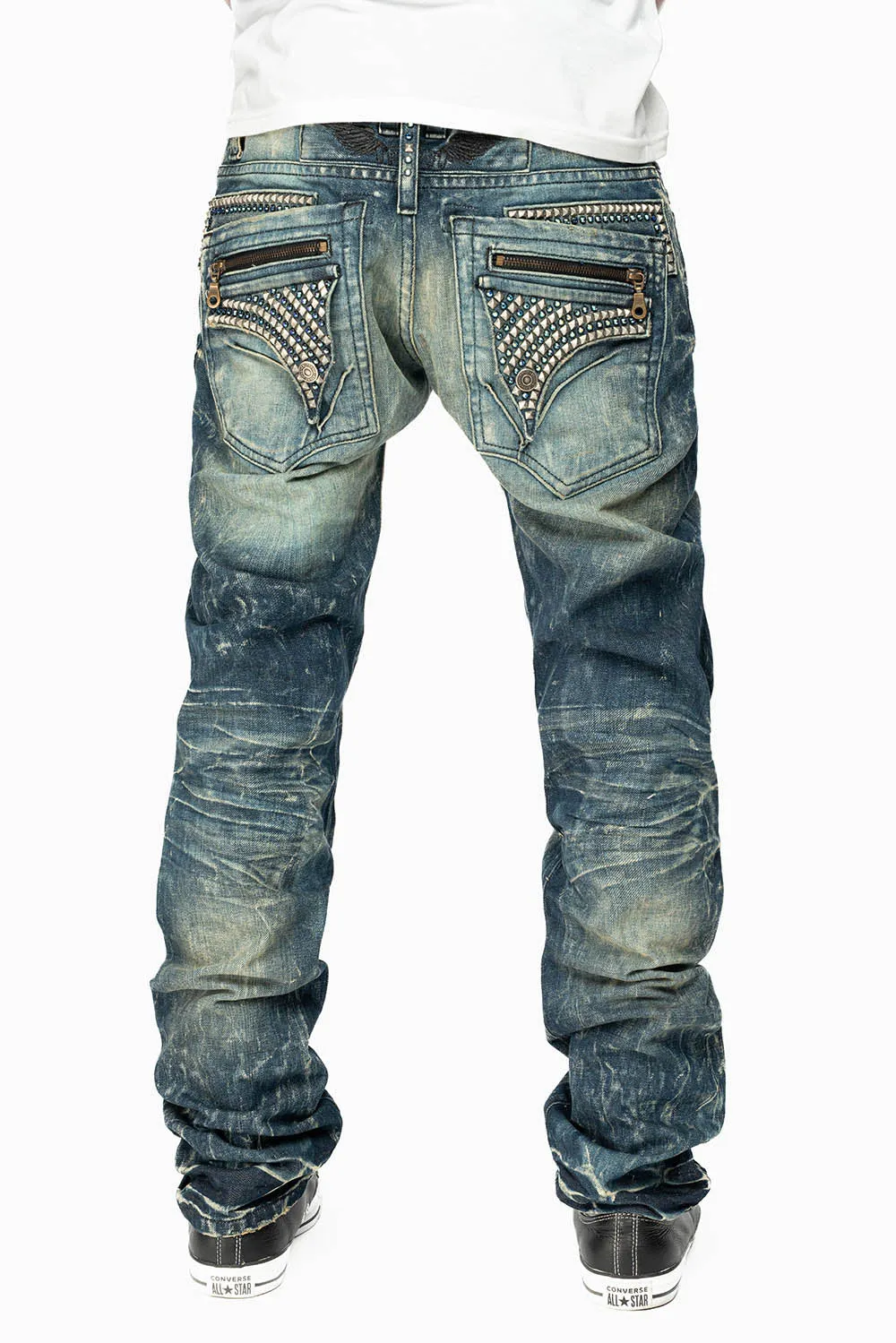 MINI FLAP MENS SLIM JEANS IN BLUE 4D DARK WASH WITH CRYSTALS AND SPIKE sold by Robin's Jean product image thumbnail 4