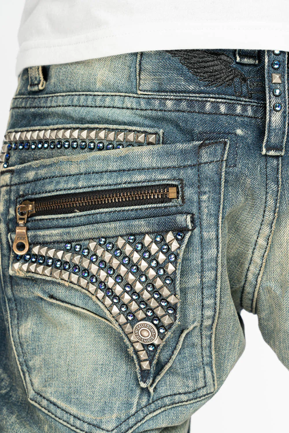 MINI FLAP MENS SLIM JEANS IN BLUE 4D DARK WASH WITH CRYSTALS AND SPIKE sold by Robin's Jean product image thumbnail 2