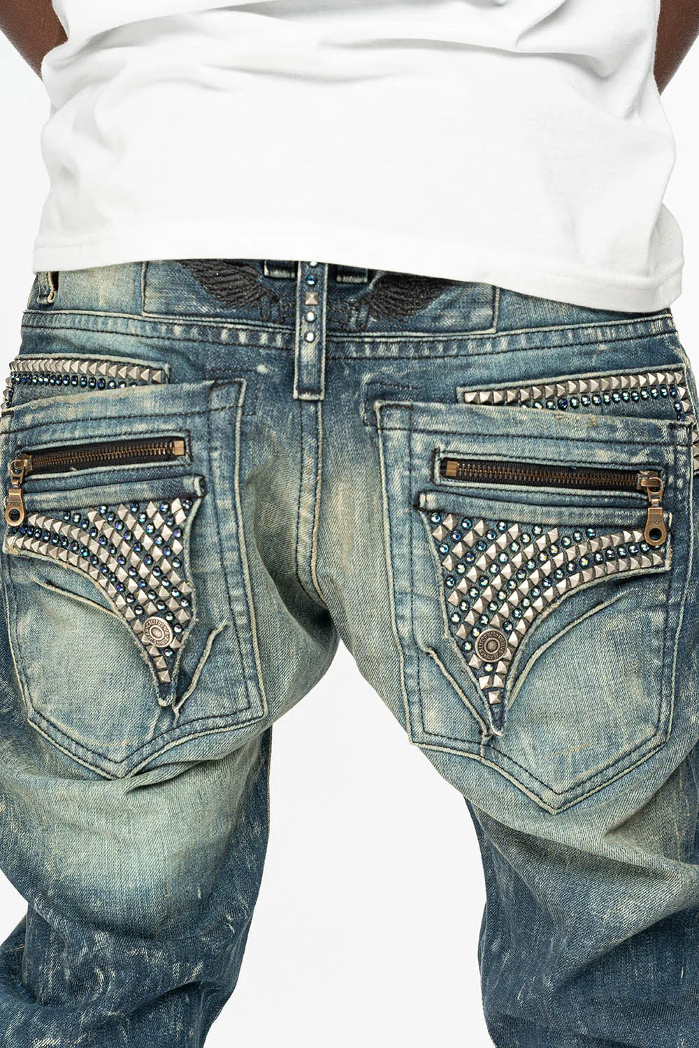 MINI FLAP MENS SLIM JEANS IN BLUE 4D DARK WASH WITH CRYSTALS AND SPIKE sold by Robin's Jean product image thumbnail 5