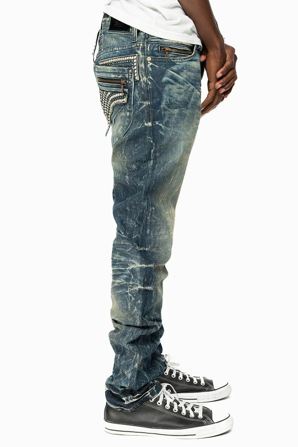MINI FLAP MENS SLIM JEANS IN BLUE 4D DARK WASH WITH CRYSTALS AND SPIKE sold by Robin's Jean product image thumbnail 3