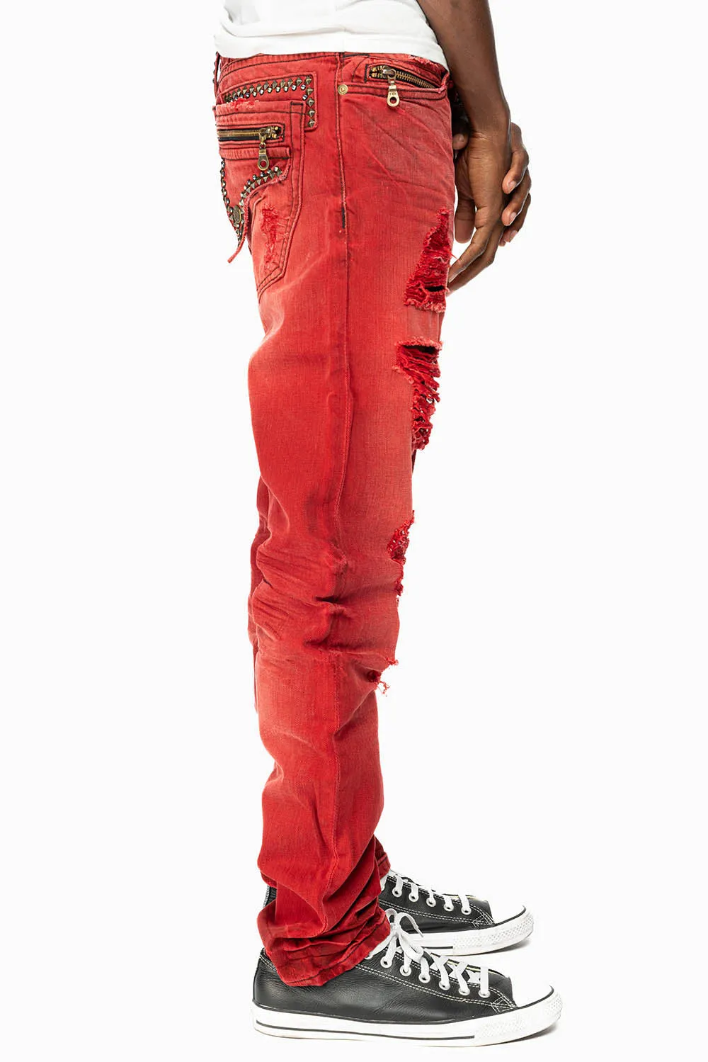 MINI FLAP MENS SLIM JEANS IN F-UP RED BROKEN WASH WITH CRYSTALS AND SPIKE sold by Robin's Jean product image thumbnail 3