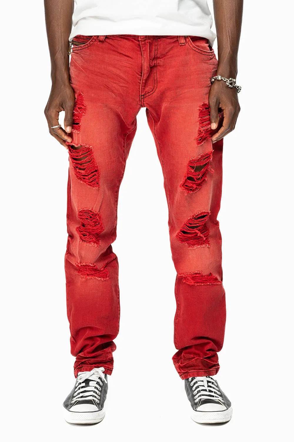 MINI FLAP MENS SLIM JEANS IN F-UP RED BROKEN WASH WITH CRYSTALS AND SPIKE sold by Robin's Jean