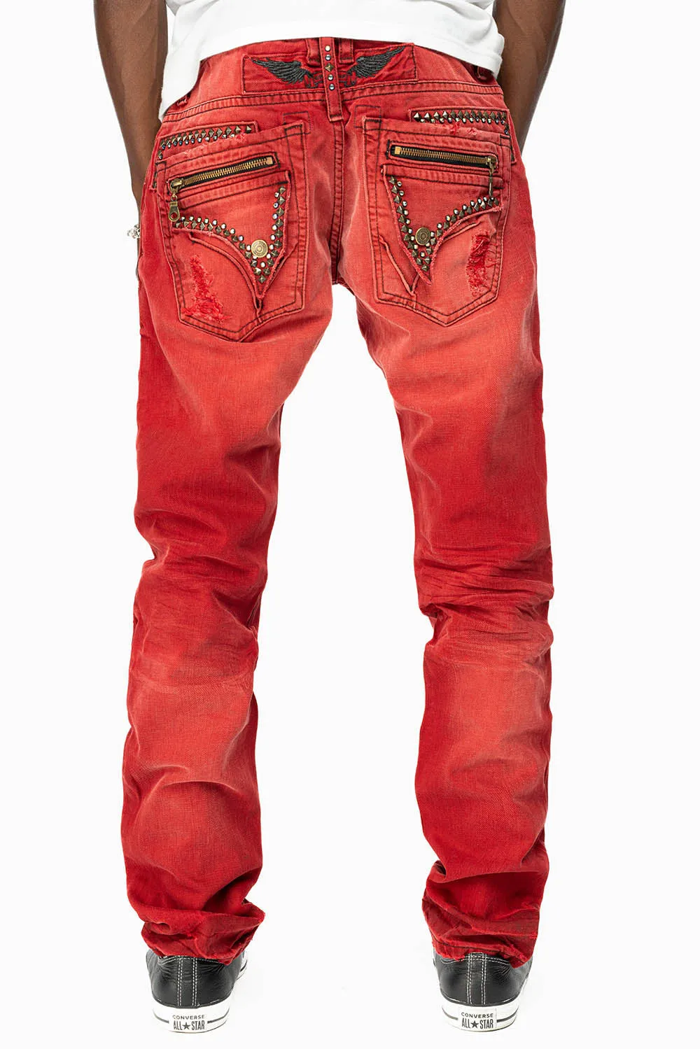 MINI FLAP MENS SLIM JEANS IN F-UP RED BROKEN WASH WITH CRYSTALS AND SPIKE sold by Robin's Jean product image thumbnail 4