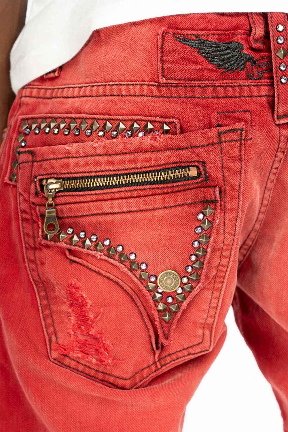 MINI FLAP MENS SLIM JEANS IN F-UP RED BROKEN WASH WITH CRYSTALS AND SPIKE sold by Robin's Jean product image thumbnail 2