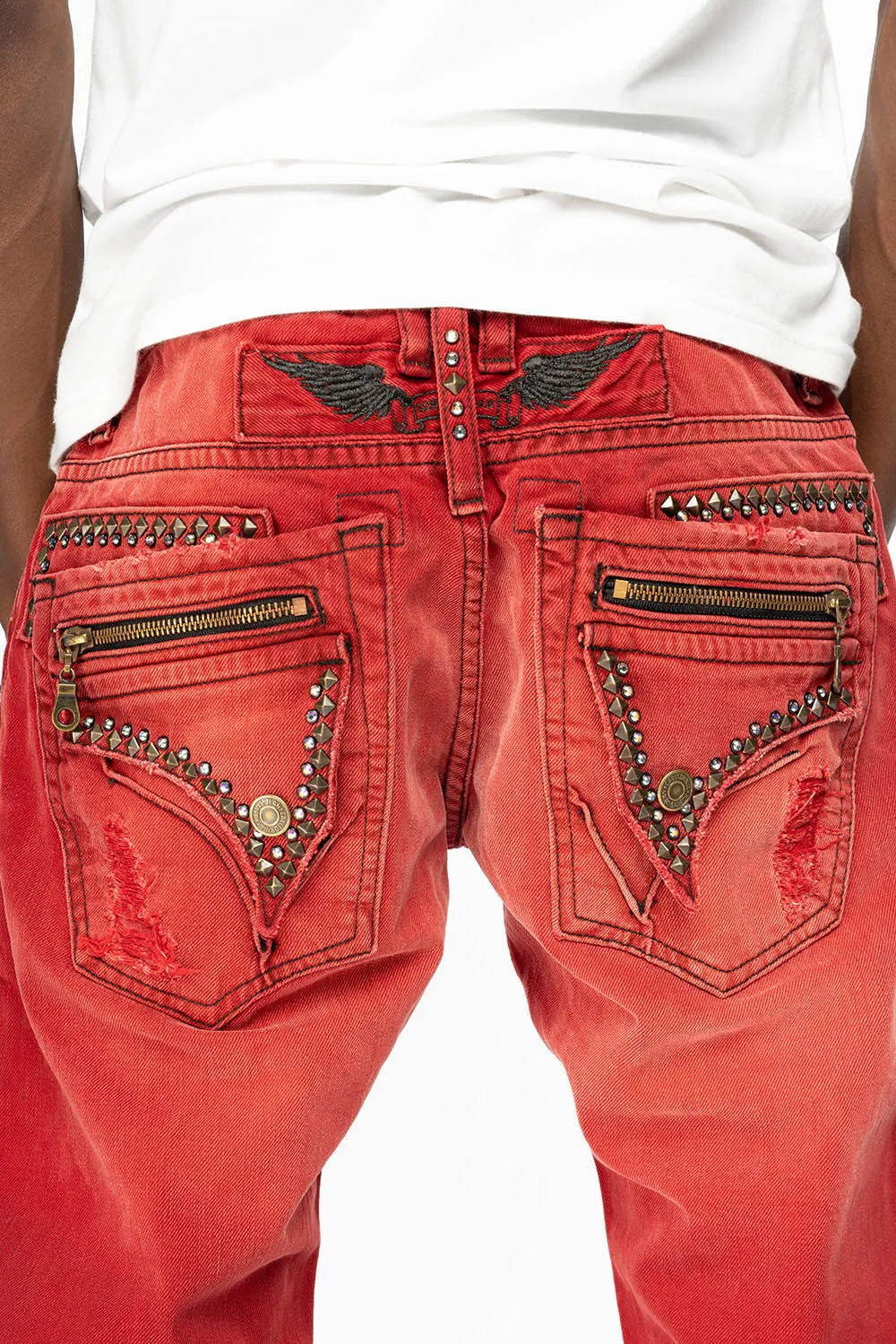 MINI FLAP MENS SLIM JEANS IN F-UP RED BROKEN WASH WITH CRYSTALS AND SPIKE sold by Robin's Jean product image thumbnail 5