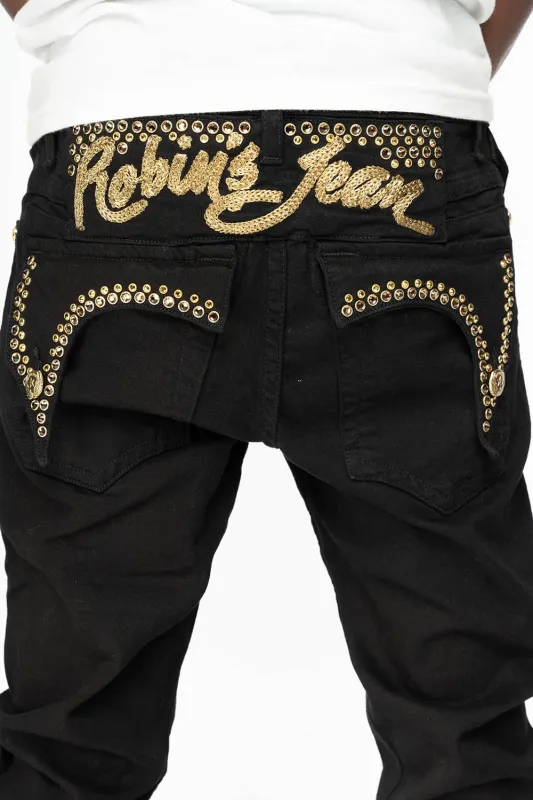 KILLER FLAP MENS SKINNY JEANS IN PURE BLACK WITH EMBELLISHED GOLD ROBIN’S LOGO AND CRYSTALS sold by Robin's Jean