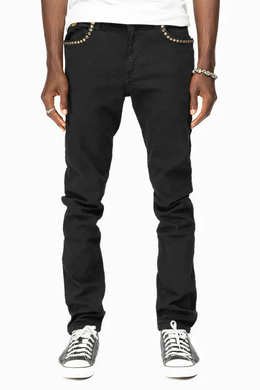 SKINNY JEAN IN PURE BLACK WITH GOLD O.E. LOGO EMBELISHED WITH SMOKY TOPAZ CRYSTALS made by Robin's Jean