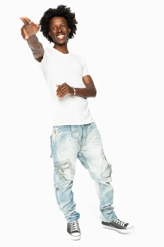 MENS PREDATOR CARGO PANTS LIMITED EDITION EMBELLISHED WITH CRYSTALS AND NAIL HEADS  IN BLUE OMAHA LIGHT WASH sold by Robin's Jean