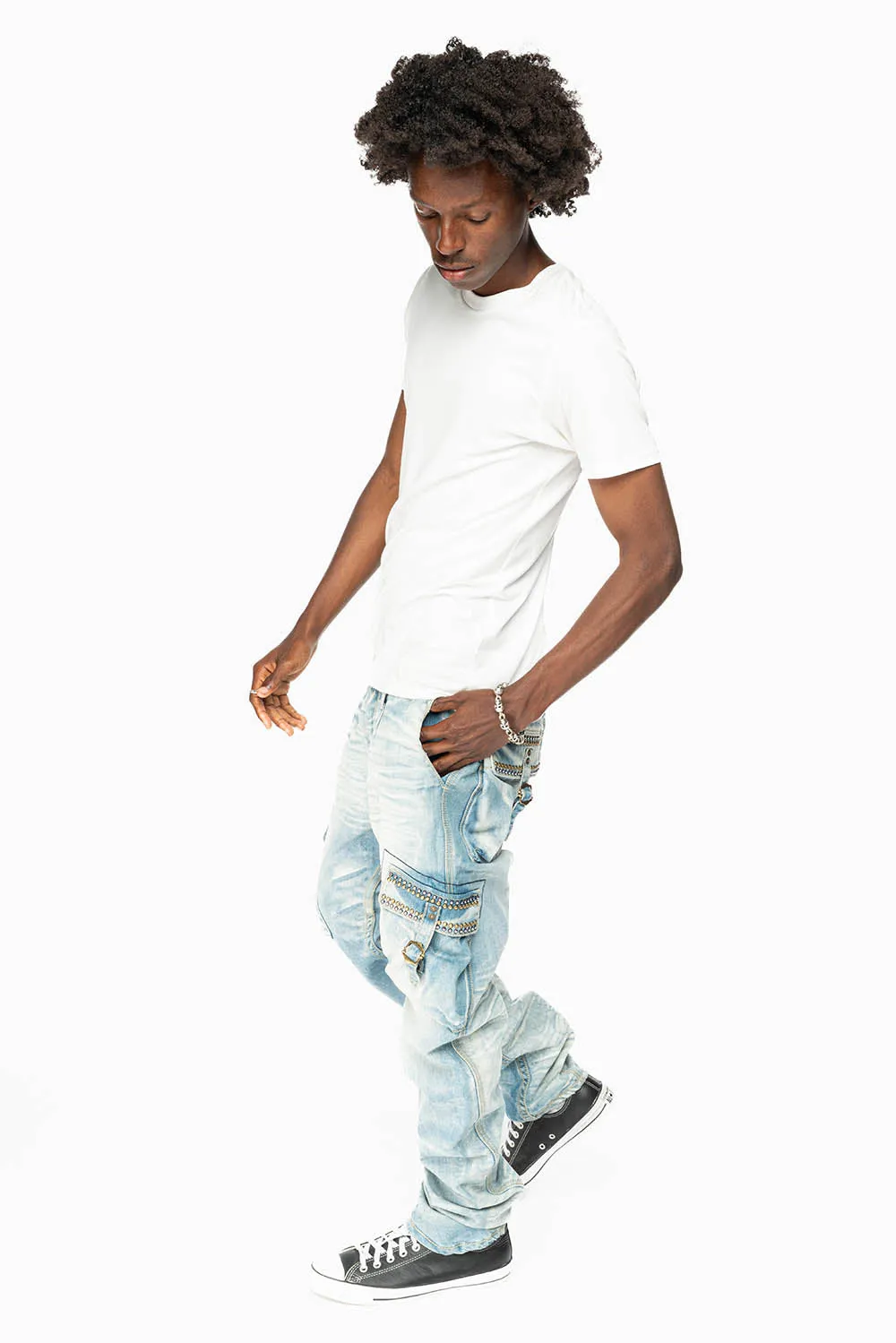 CARGO PANTS EMBELLISHED WITH CRYSTALS AND STUDS IN BLUE OMAHA LIGHT sold by Robin's Jean product image thumbnail 4