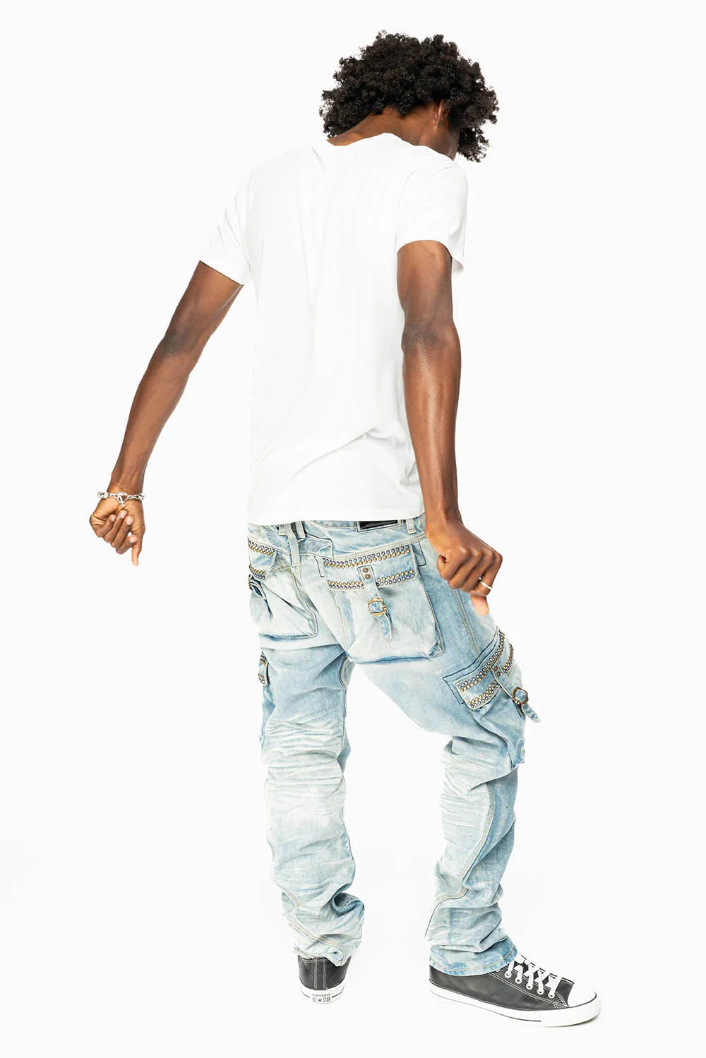 CARGO PANTS EMBELLISHED WITH CRYSTALS AND STUDS IN BLUE OMAHA LIGHT sold by Robin's Jean product image thumbnail 3