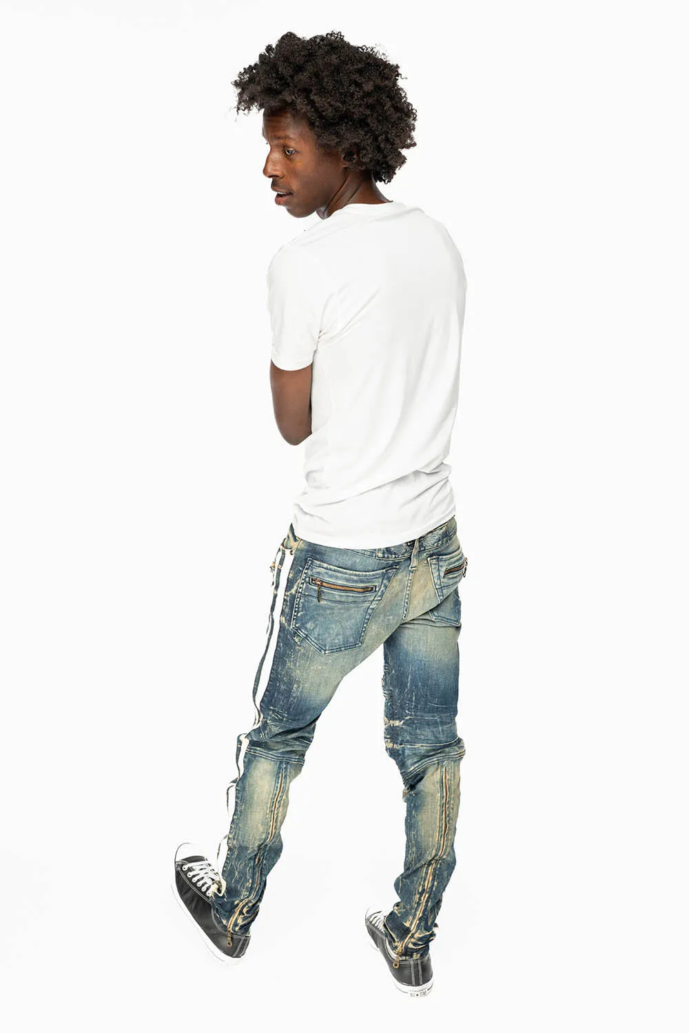 MENS BIKER JEANS IN BLUE 4D DARK WASH WITH WHITE STRIPES sold by Robin's Jean product image thumbnail 5