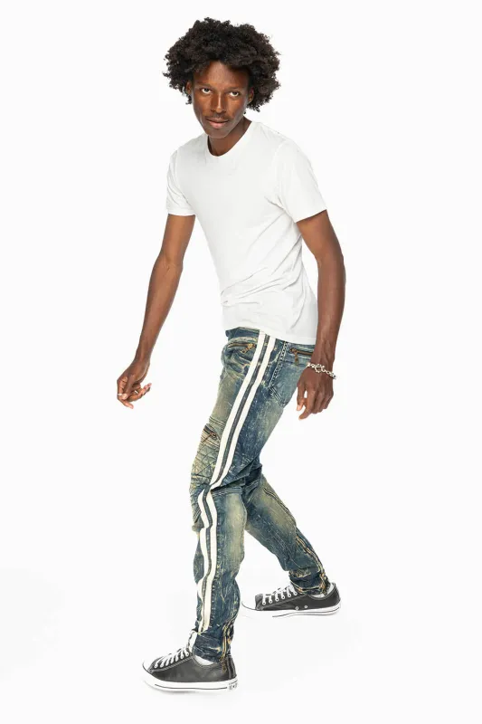 MENS BIKER JEANS IN BLUE 4D DARK WASH WITH WHITE STRIPES sold by Robin's Jean