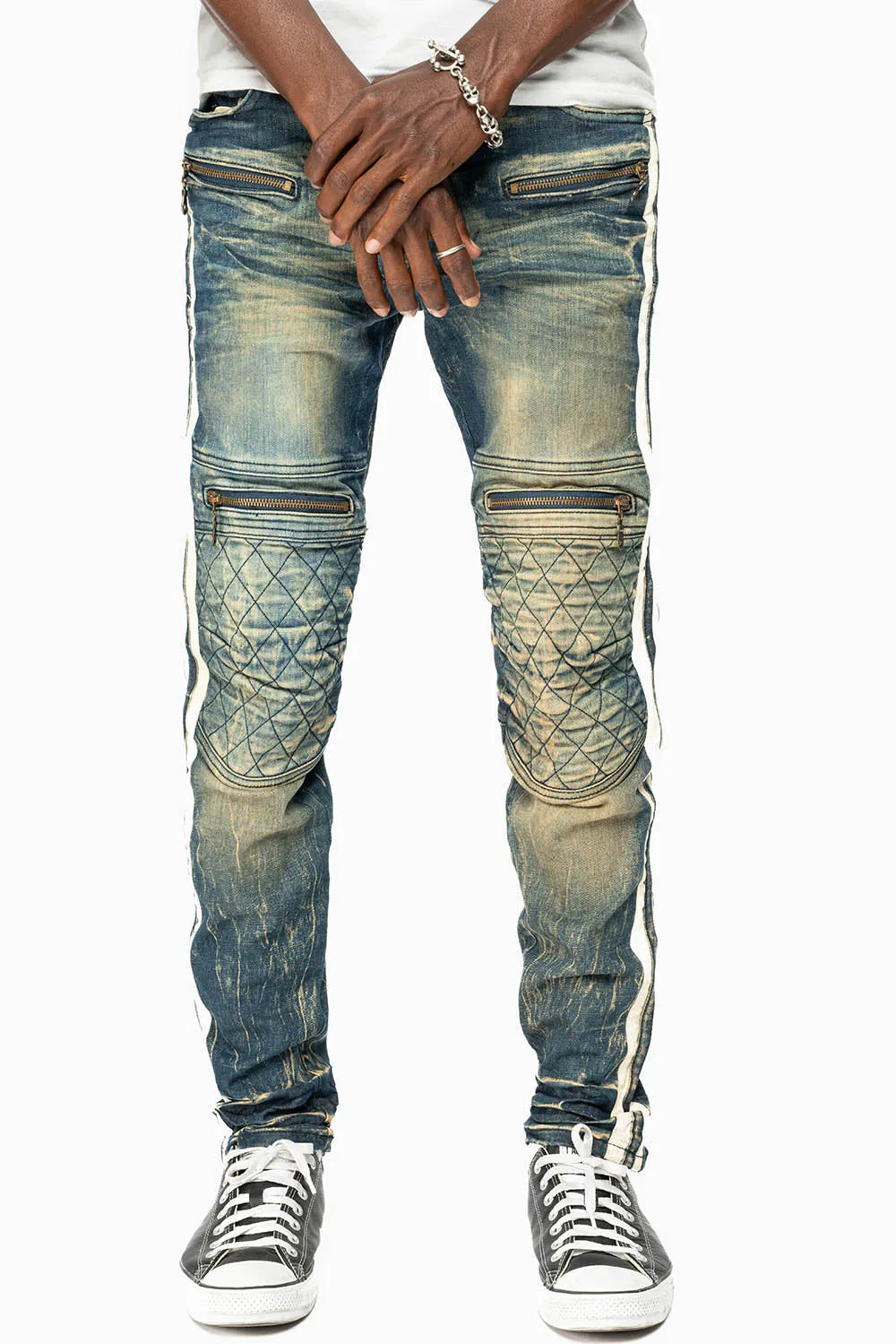 MENS BIKER JEANS IN BLUE 4D DARK WASH WITH WHITE STRIPES sold by Robin's Jean product image thumbnail 2