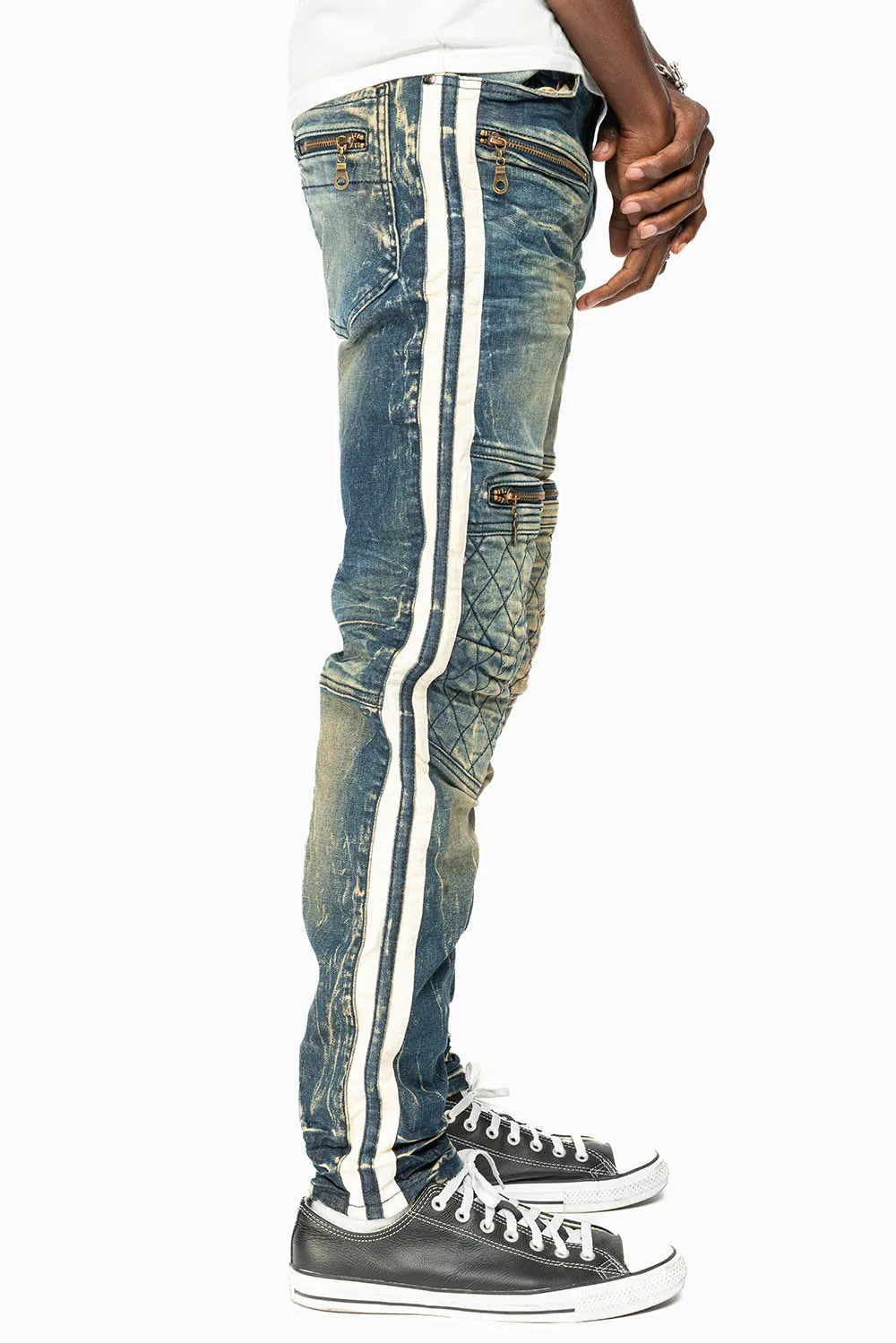 MENS BIKER JEANS IN BLUE 4D DARK WASH WITH WHITE STRIPES sold by Robin's Jean product image thumbnail 3