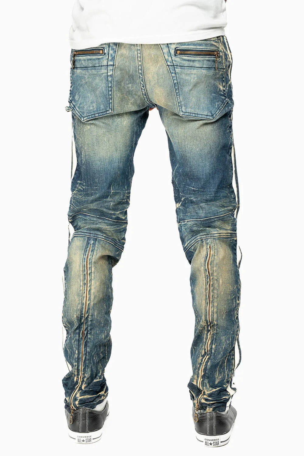MENS BIKER JEANS IN BLUE 4D DARK WASH WITH WHITE STRIPES sold by Robin's Jean product image thumbnail 4