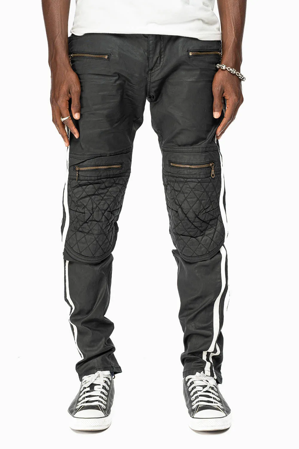 MENS BIKER JEANS IN BLK DY FABRIC WITH WHITE STRIPES sold by Robin's Jean product image thumbnail 2