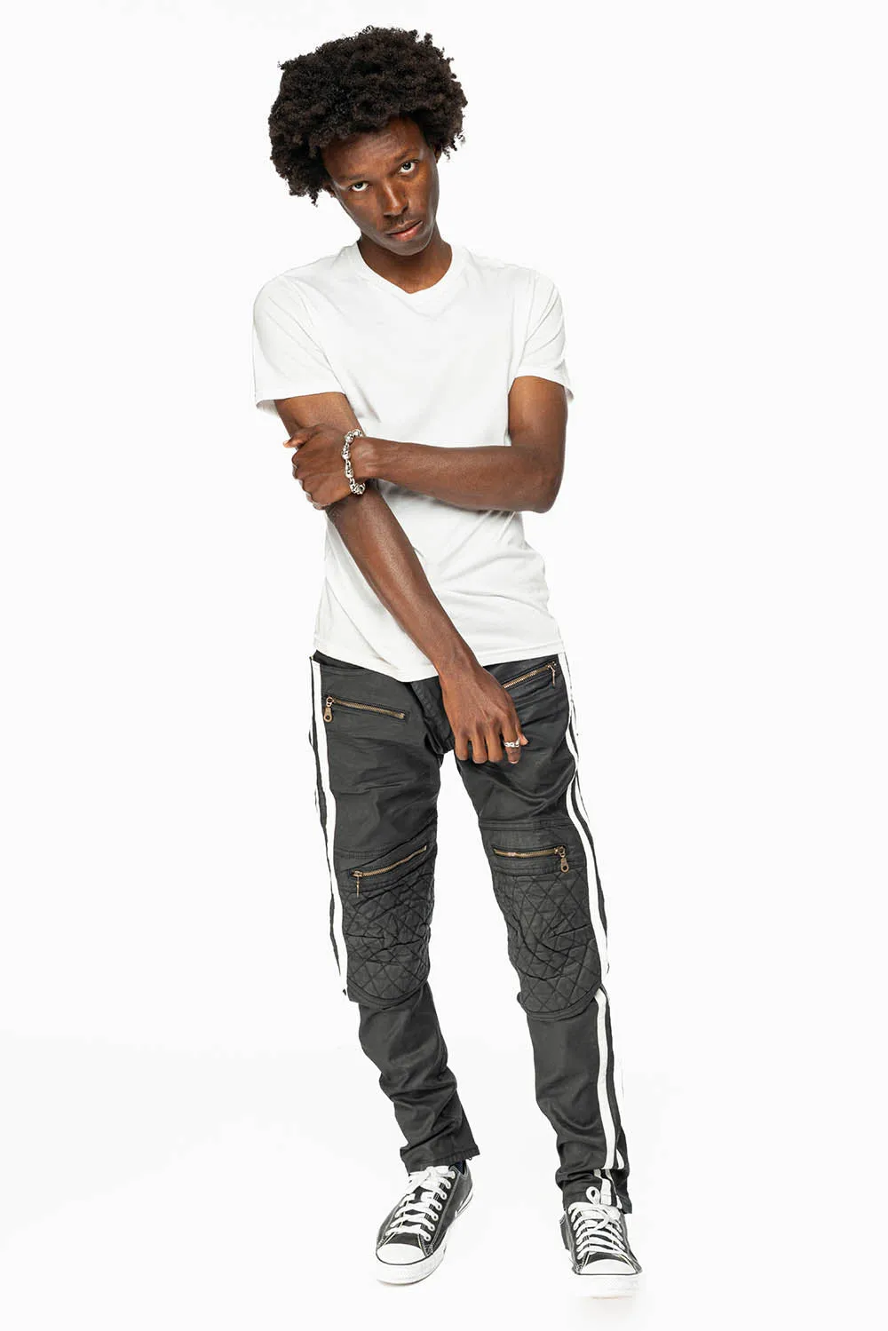 MENS BIKER JEANS IN BLK DY FABRIC WITH WHITE STRIPES sold by Robin's Jean product image thumbnail 5