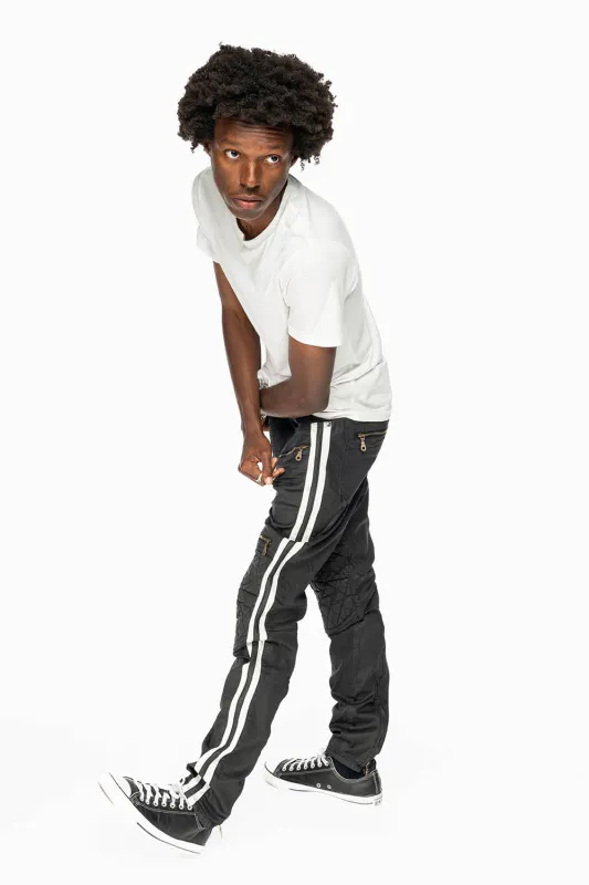 MENS BIKER JEANS IN BLK DY FABRIC  WITH WHITE STRIPES sold by Robin's Jean