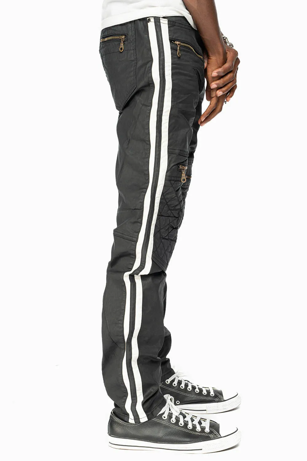 MENS BIKER JEANS IN BLK DY FABRIC WITH WHITE STRIPES sold by Robin's Jean product image thumbnail 3