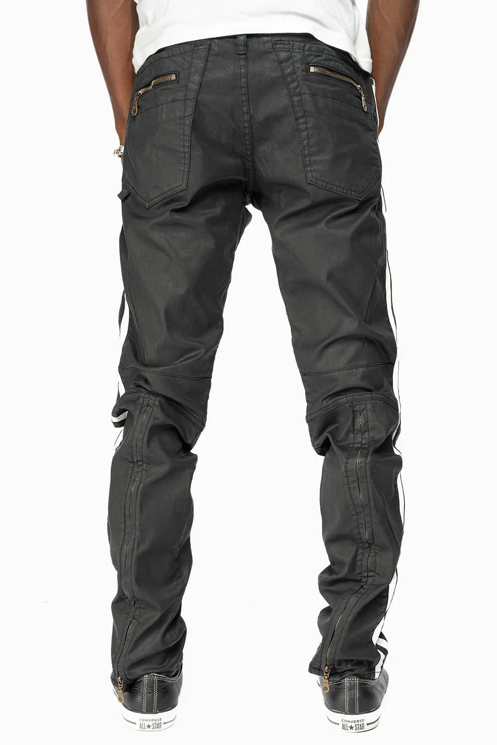 MENS BIKER JEANS IN BLK DY FABRIC WITH WHITE STRIPES sold by Robin's Jean product image thumbnail 4