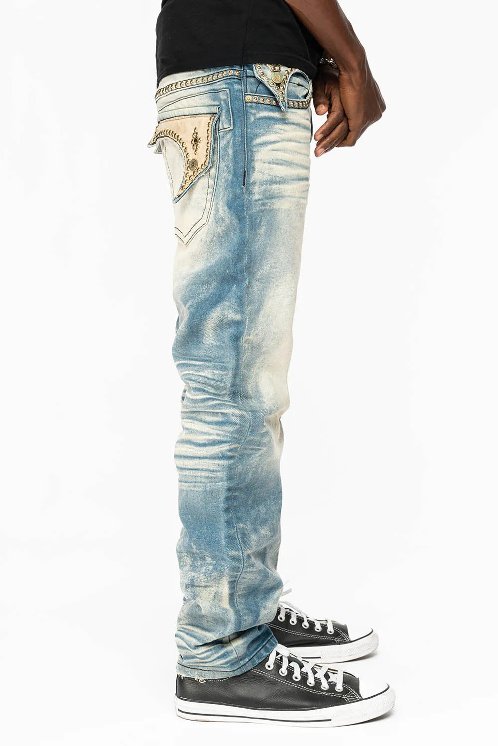 WESTERN STRAIGHT LEG JEAN IN OMAHA TAN WITH SUEDE POCKET EMBELLISHED WITH CRYSTALS/ STUDS sold by Robin's Jean product image thumbnail 4