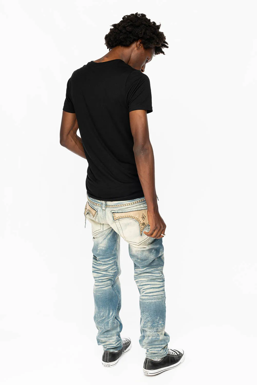 WESTERN STRAIGHT LEG JEAN IN OMAHA TAN WITH SUEDE POCKET EMBELLISHED WITH CRYSTALS/ STUDS sold by Robin's Jean