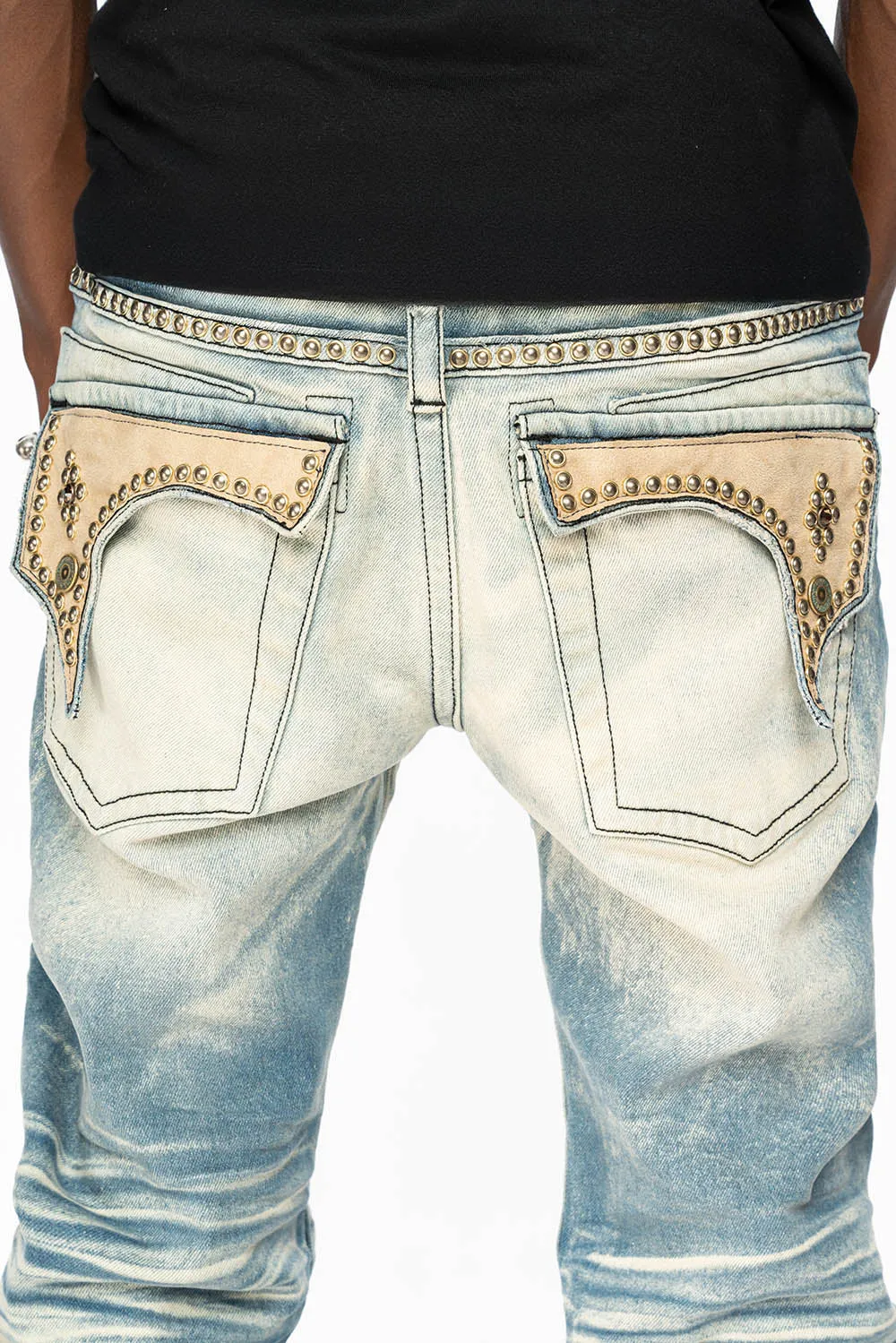 WESTERN STRAIGHT LEG JEAN IN OMAHA TAN WITH SUEDE POCKET EMBELLISHED WITH CRYSTALS/ STUDS sold by Robin's Jean product image thumbnail 2