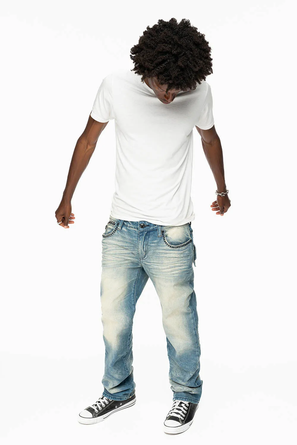 KILLER FLAP MENS STRAIGHT LEG JEAN IN OMAHA TAN BLUE WASH EMBELLISHED WITH JET BLK CRYSTAL sold by Robin's Jean product image thumbnail 4