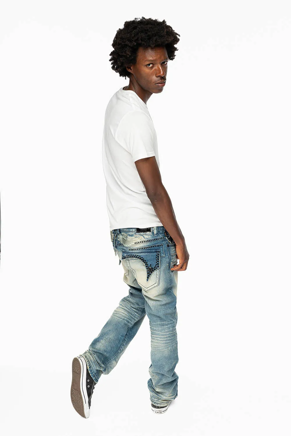 KILLER FLAP MENS STRAIGHT LEG JEAN IN OMAHA TAN BLUE WASH EMBELLISHED WITH JET BLK CRYSTAL sold by Robin's Jean