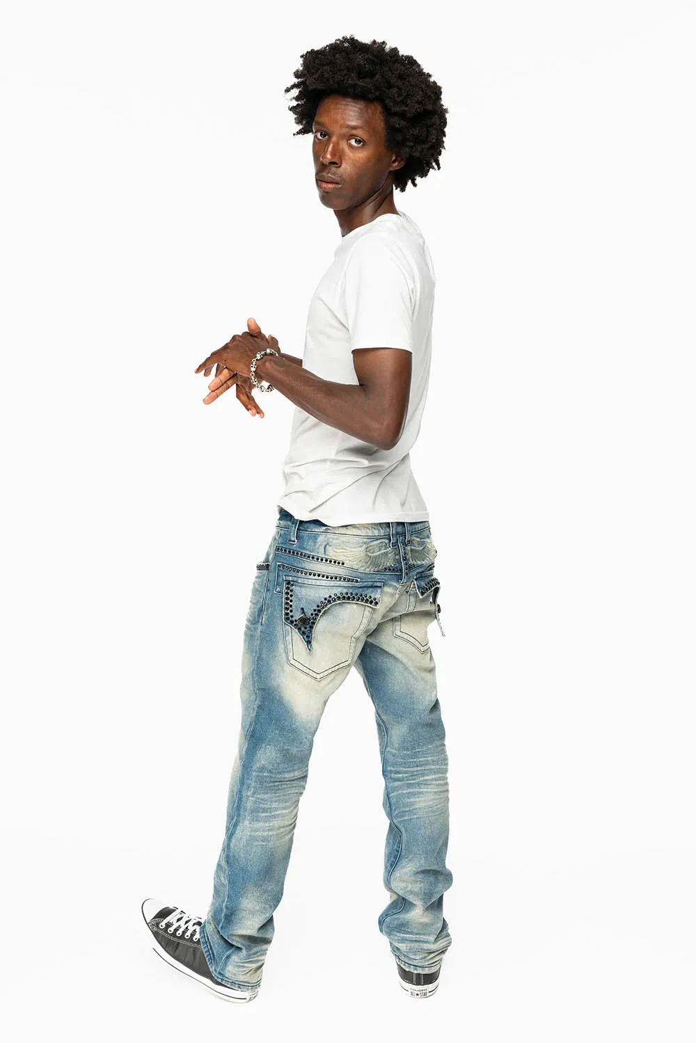 KILLER FLAP MENS STRAIGHT LEG JEAN IN OMAHA TAN BLUE WASH EMBELLISHED WITH JET BLK CRYSTAL sold by Robin's Jean product image thumbnail 5