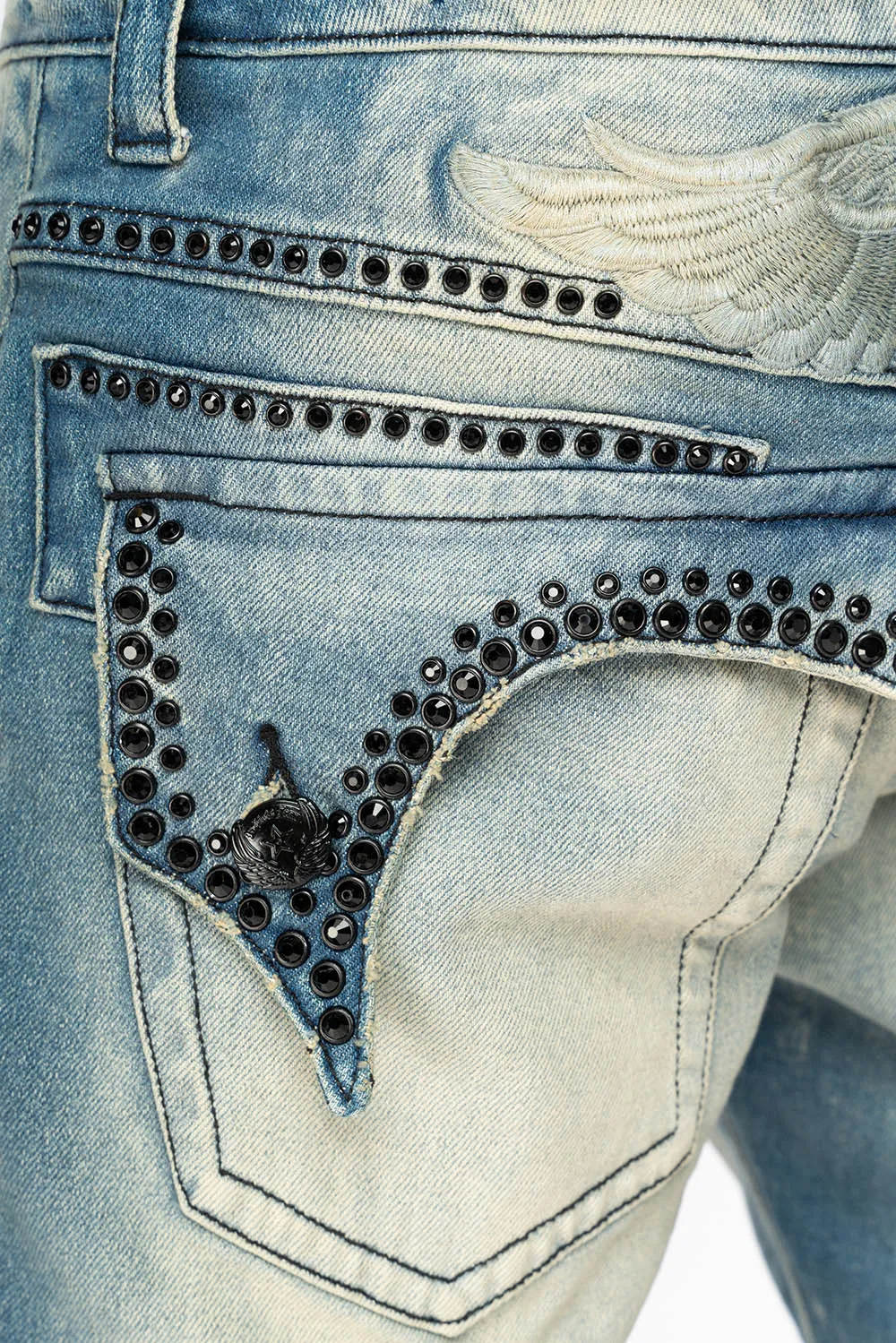 KILLER FLAP MENS STRAIGHT LEG JEAN IN OMAHA TAN BLUE WASH EMBELLISHED WITH JET BLK CRYSTAL sold by Robin's Jean product image thumbnail 2