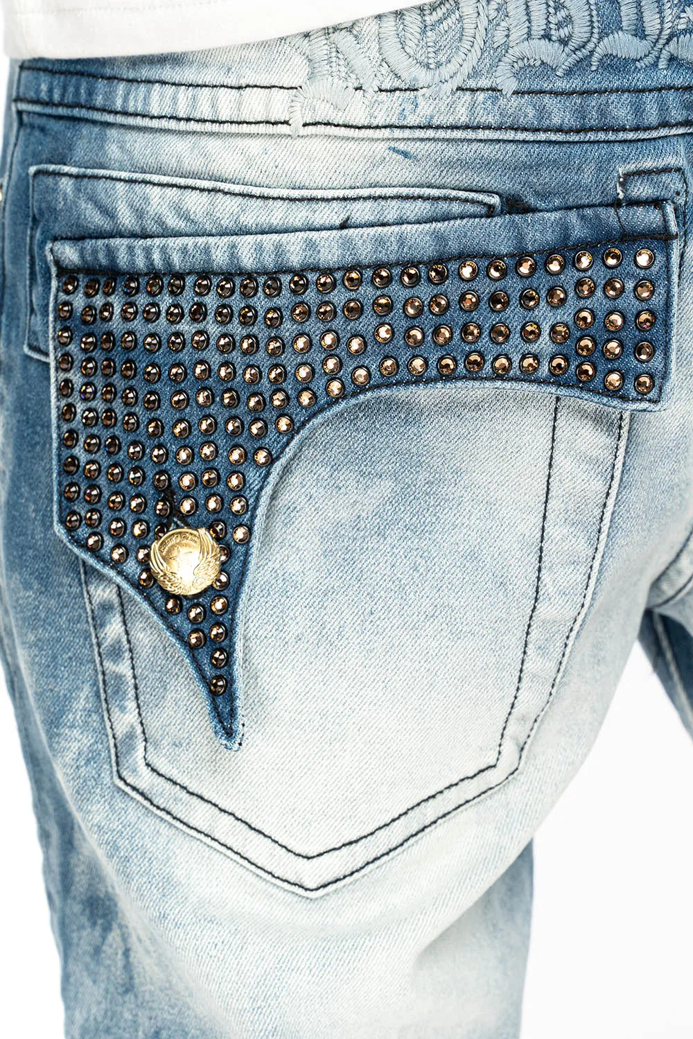 KILLER FLAP MENS STRAIGHT LEG JEAN IN CHEROKEE BLUE WASH EMBELLISHED WITH CRYSTAL sold by Robin's Jean product image thumbnail 2