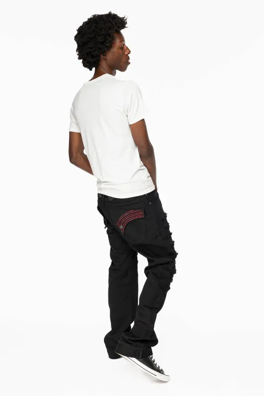 GYPSY  REPAIRED STRAIGHT LEG JEANS LIMITED EDITION IN PURE BLK AND EMBELLISHED WITH RED CRYSTALS sold by Robin's Jean