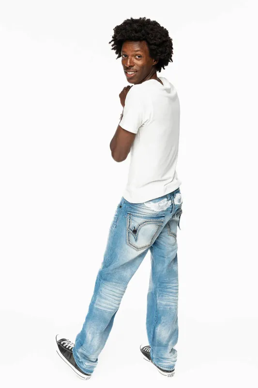 KILLER FLAP MENS STRAIGHT LEG JEAN IN OMAHA LIGHT BLUE WASH EMBELLISHED WITH CLEAR AND SAPPHIRE  CRYSTALS sold by Robin's Jean