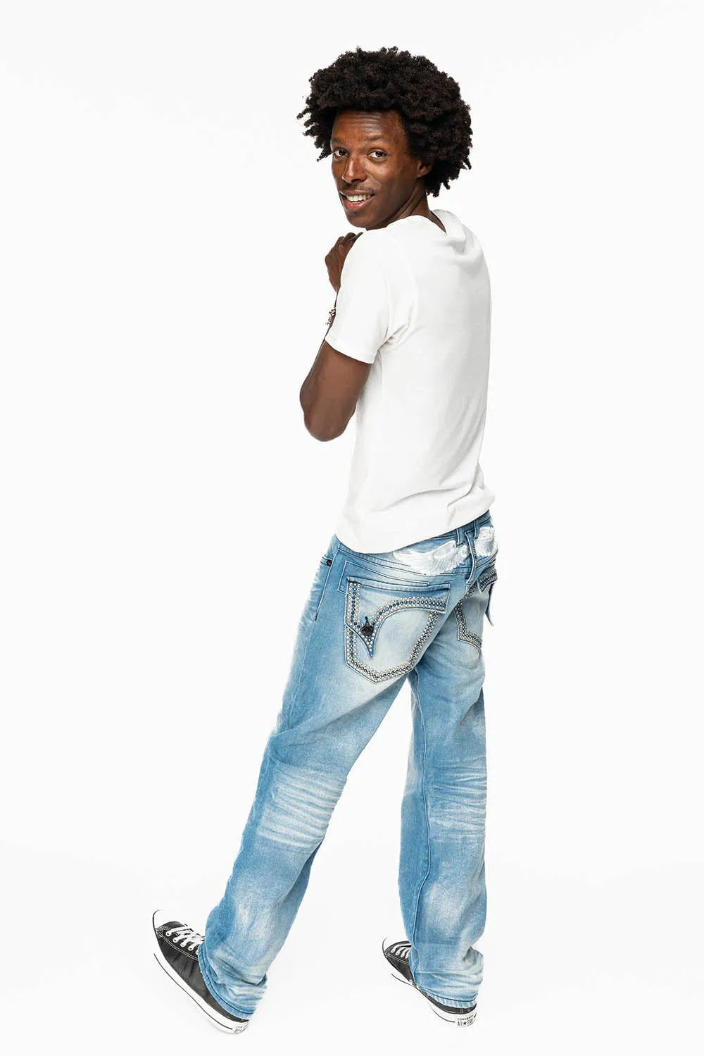 MENS STRAIGHT LEG JEAN IN OMAHA LIGHT BLUE WASH EMBELLISHED WITH CLEAR AND SAPPHIRE CRYSTALS sold by Robin's Jean