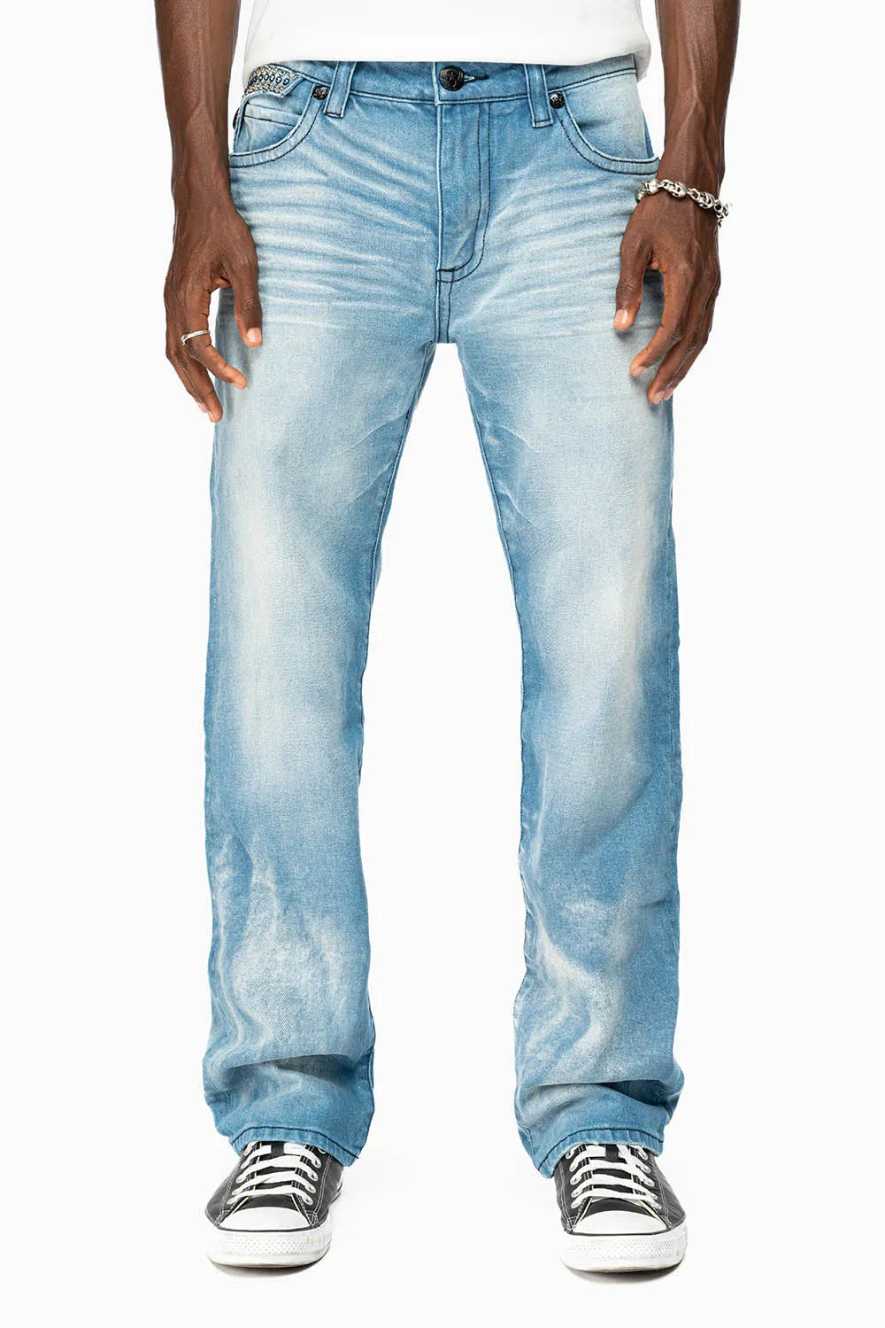 MENS STRAIGHT LEG JEAN IN OMAHA LIGHT BLUE WASH EMBELLISHED WITH CLEAR AND SAPPHIRE CRYSTALS sold by Robin's Jean product image thumbnail 3
