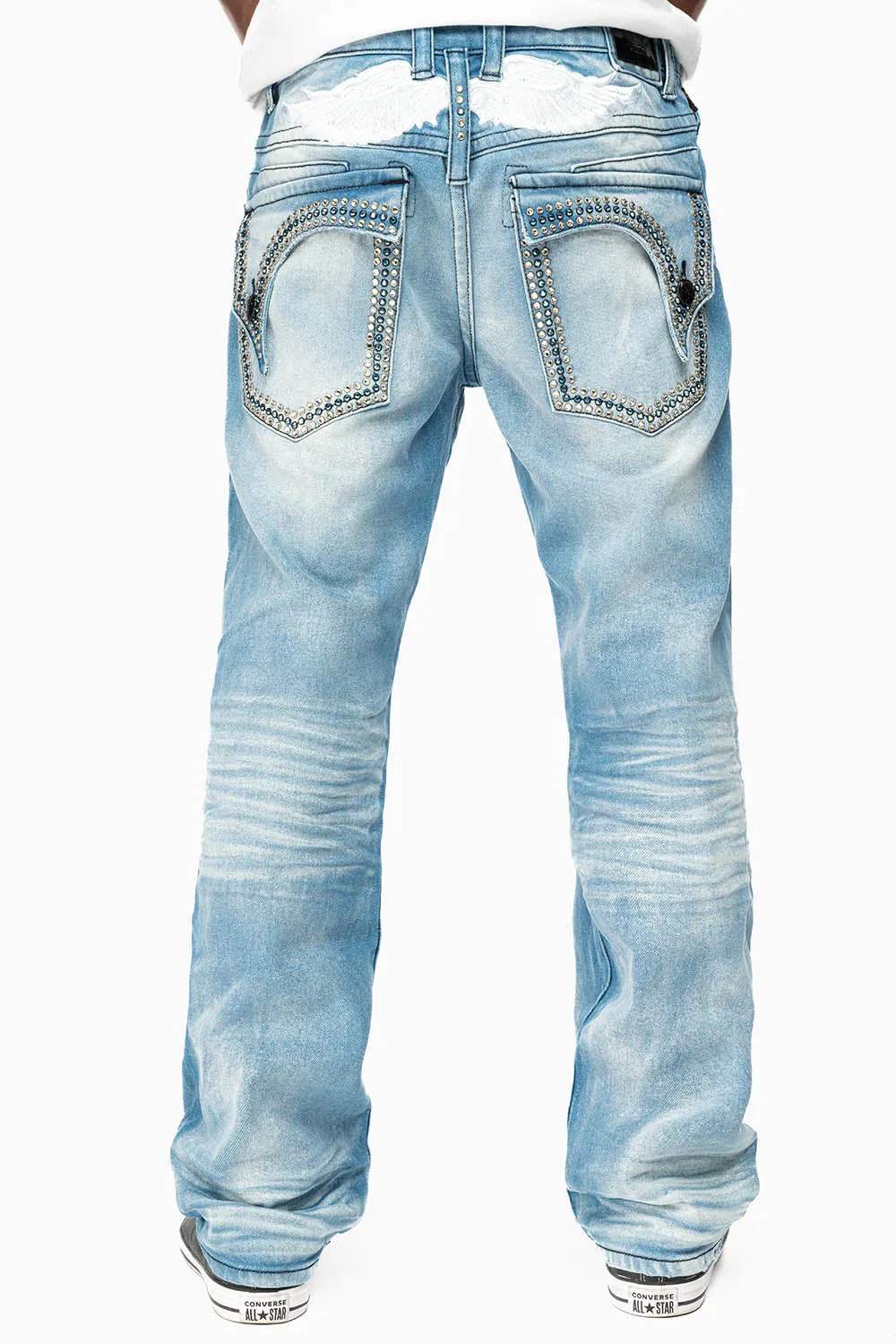 MENS STRAIGHT LEG JEAN IN OMAHA LIGHT BLUE WASH EMBELLISHED WITH CLEAR AND SAPPHIRE CRYSTALS sold by Robin's Jean product image thumbnail 5