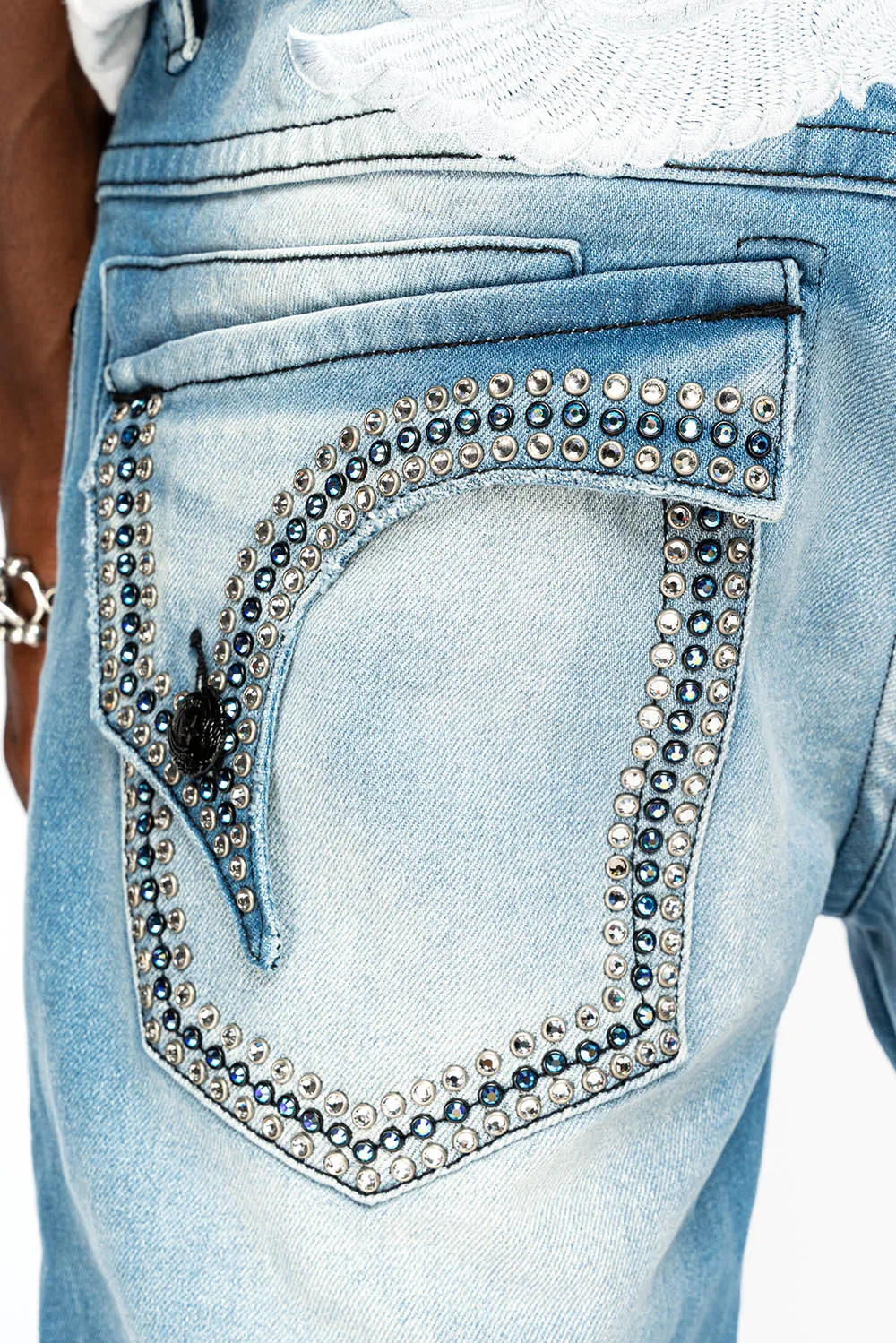 MENS STRAIGHT LEG JEAN IN OMAHA LIGHT BLUE WASH EMBELLISHED WITH CLEAR AND SAPPHIRE CRYSTALS sold by Robin's Jean product image thumbnail 2