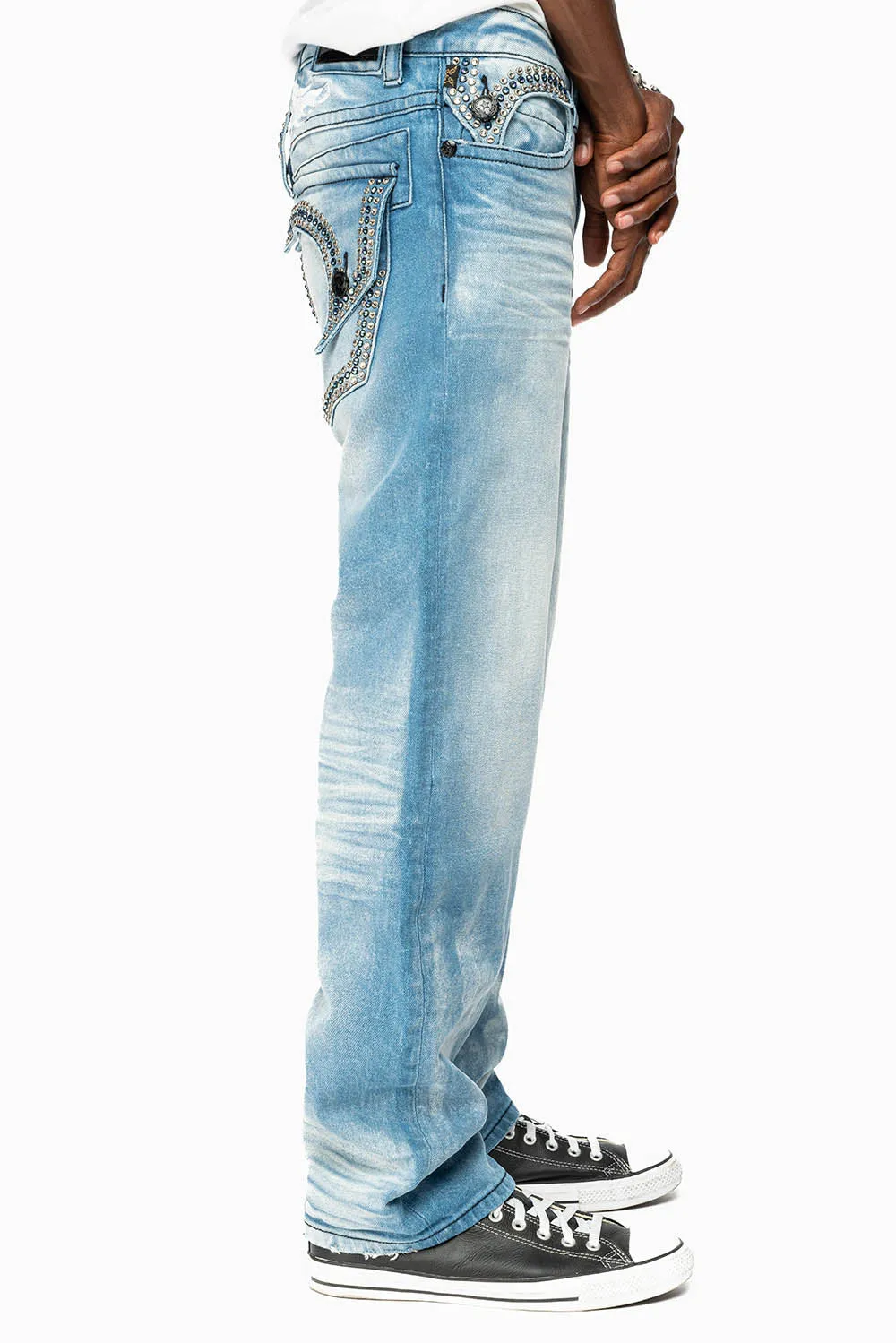 MENS STRAIGHT LEG JEAN IN OMAHA LIGHT BLUE WASH EMBELLISHED WITH CLEAR AND SAPPHIRE CRYSTALS sold by Robin's Jean product image thumbnail 4