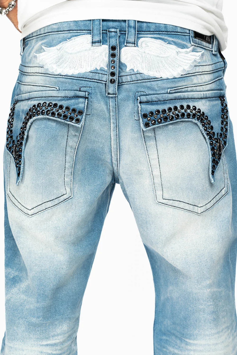 KILLER FLAP MENS STRAIGHT LEG JEAN IN OMAHA LIGHT BLUE WASH EMBELLISHED WITH J CRYSTAL sold by Robin's Jean product image thumbnail 2