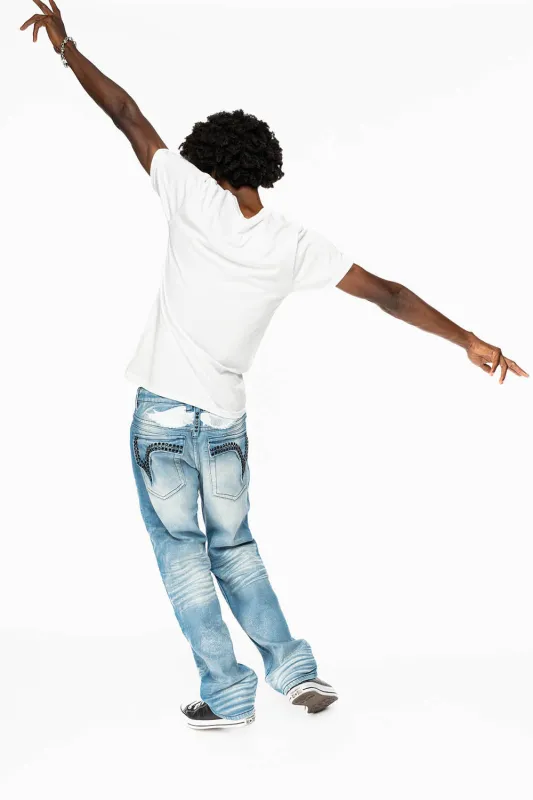 KILLER FLAP MENS STRAIGHT LEG JEAN IN OMAHA LIGHT BLUE WASH EMBELLISHED WITH JET BLK AND BLK DIAMOND CRYSTAL sold by Robin's Jean