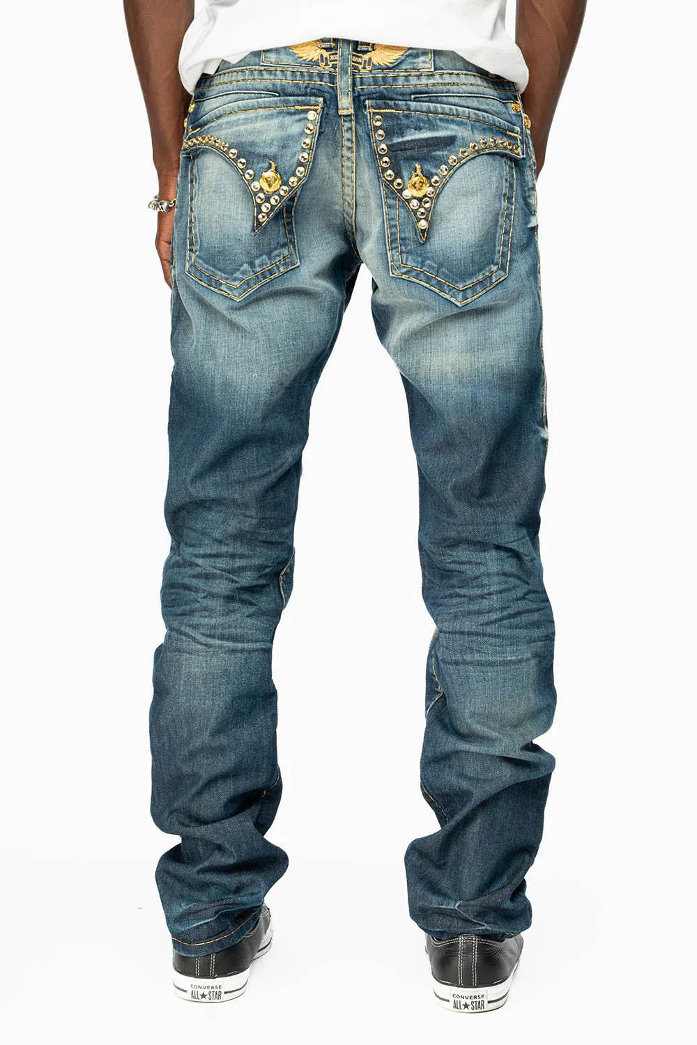 MENS LONG FLAP SLIM JEANS IN BLUE ALBANY DARK WASH WITH CLEAR CRYSTALS sold by Robin's Jean product image thumbnail 4