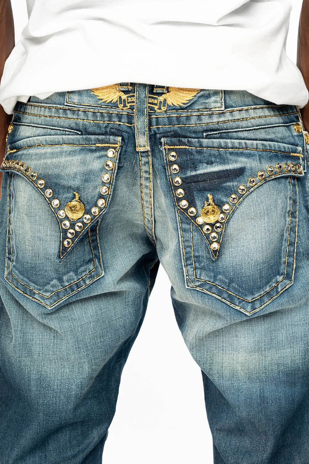 MENS LONG FLAP SLIM JEANS IN BLUE ALBANY DARK WASH WITH CLEAR CRYSTALS sold by Robin's Jean product image thumbnail 5